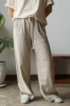 Dorsu | Ethical Cotton Basics | Wide Leg Linen Drawstring Pants | Stone