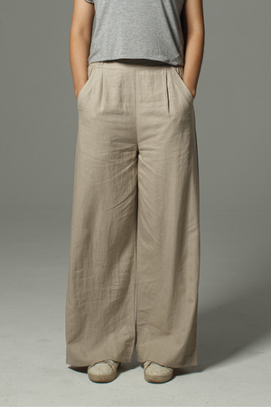 Dorsu | Ethical Cotton Basics | Wide Leg Linen Drawstring Pants | Stone